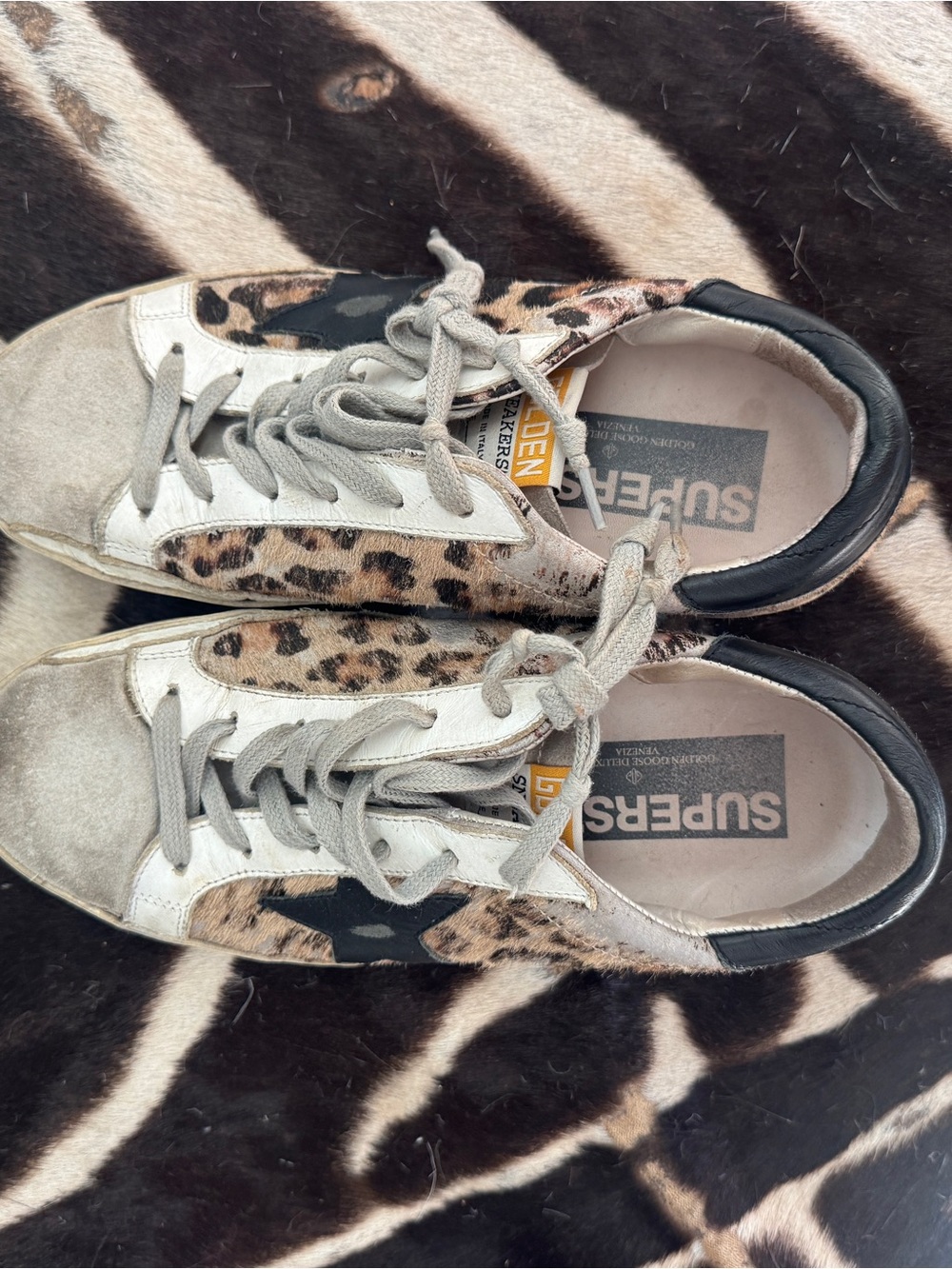 Golden Goose Superstar Leopard-Print Low Top Sneakers - White & Tan